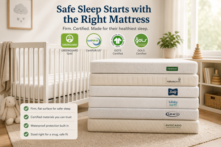 Best baby mattresses of 2026 including Newton, Naturepedic, Sealy, Lullaby Earth, Graco, and Avocado in a nursery setting
