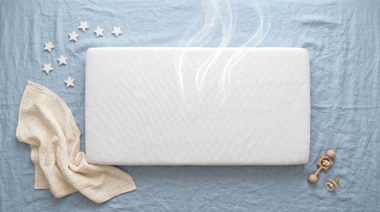 White crib mattress with breathable mesh texture on blue linen background with airflow lines, stars, and muslin blanket