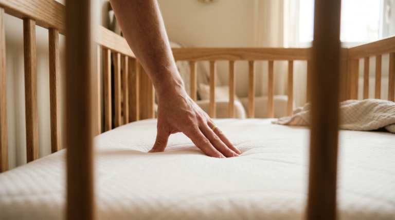 Parent checking crib mattress fit inside a wooden crib