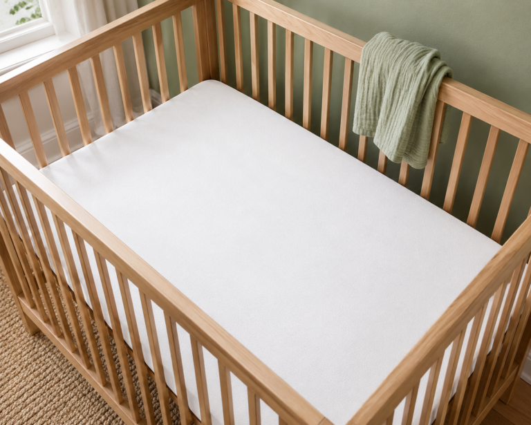 Best crib mattress for baby 2026 — white mattress in a natural wood crib with sage green nursery wallS$
