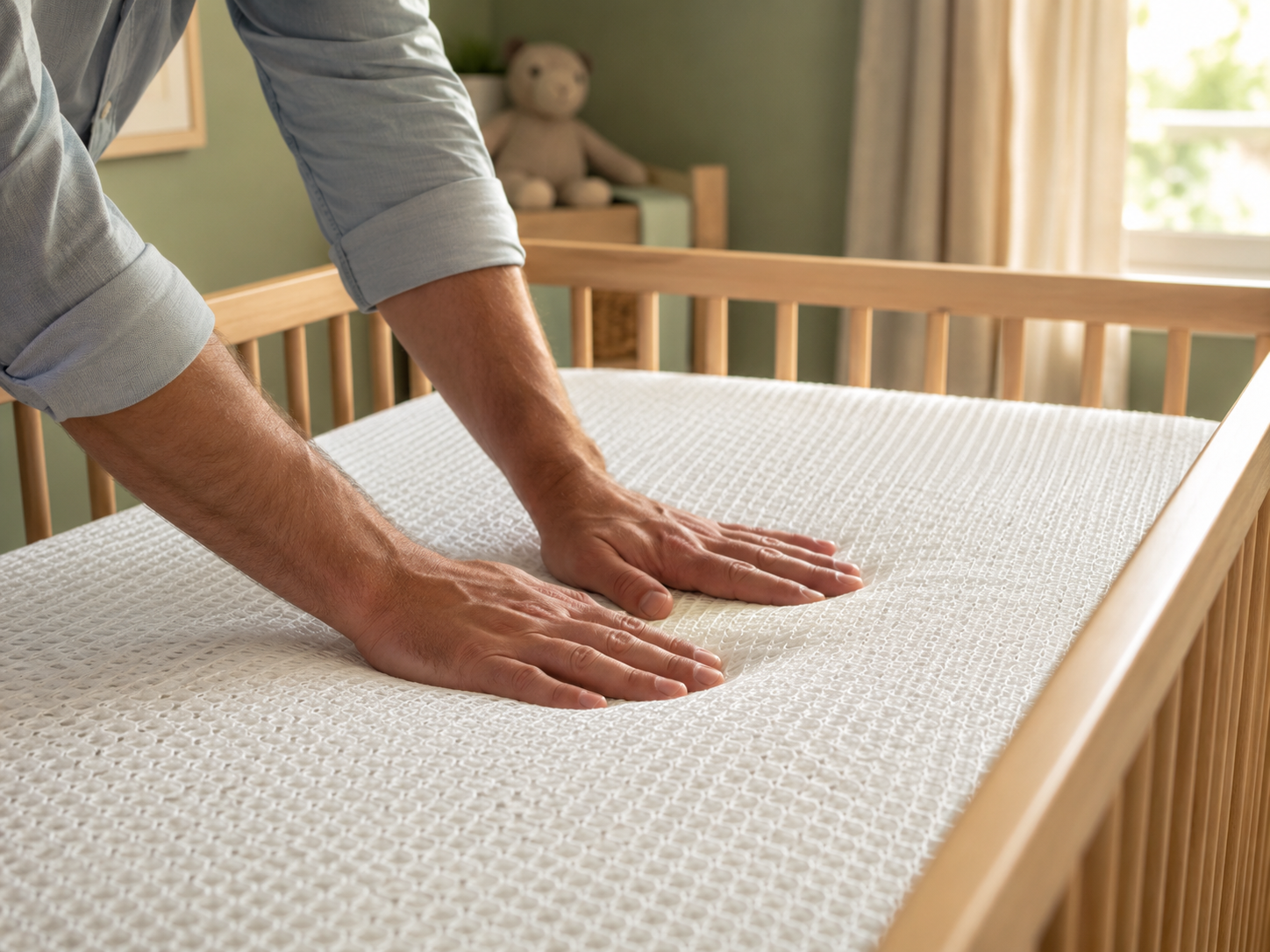Parent testing the firmness of a Newton baby crib mattress in a wooden crib
